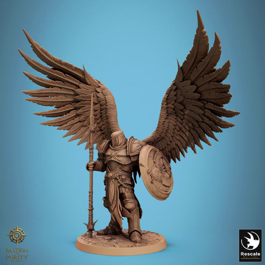 Standing solar warrior miniature with wings extended, holding a spear and ornate shield – D&D celestial guardian model.