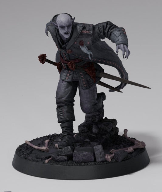 Nocturne Assembly vampiric thrall miniature in lunging stance with forward-held sword and aggressive motion; suitable for Dungeons & Dragons undead assassin encounters.