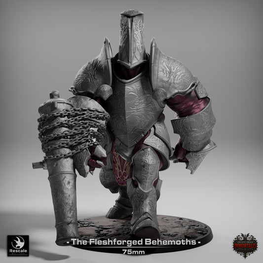 Fleshforged Behemoth miniature in attack pose, cannon arm extended forward, chained plating, clawed off-hand, and armored golem body; ideal for Dungeons & Dragons or Pathfinder boss monsters.