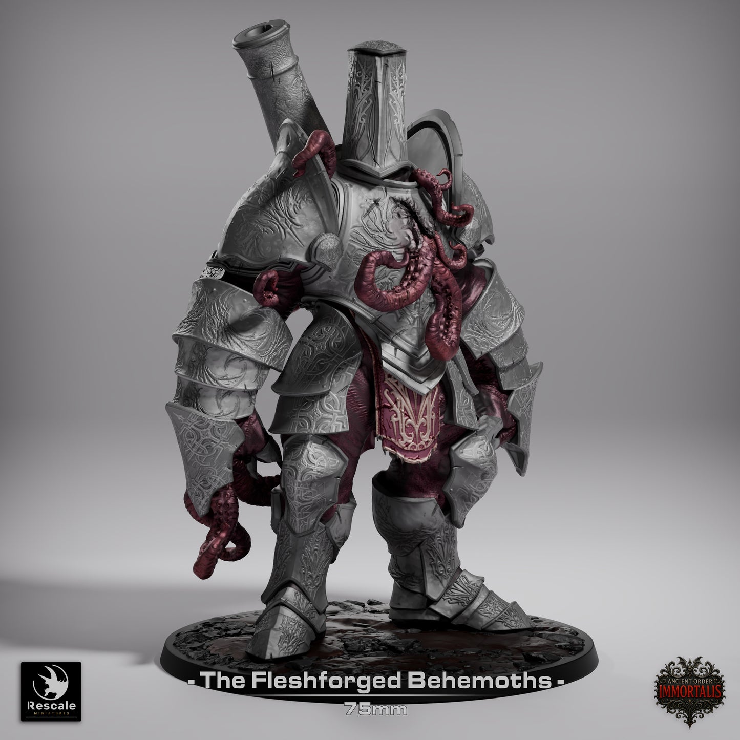 Fleshforged Behemoth miniature with chest tendrils bursting through armored plating, engraved heavy armor, muscular limbs, and monstrous golem form; perfect for eldritch-themed D&D or Pathfinder campaigns.