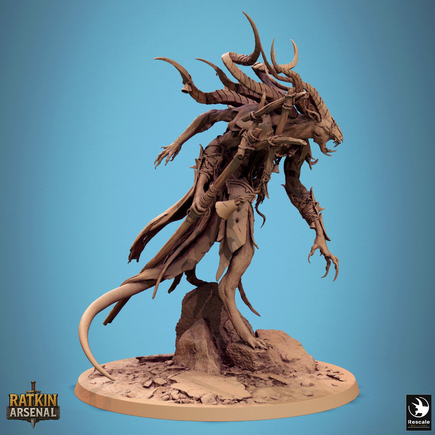 Angled rear-side view of the Muck Priest revealing intricate staff details, layered armor, and ragged clothing as the creature stands elevated over stone debris.