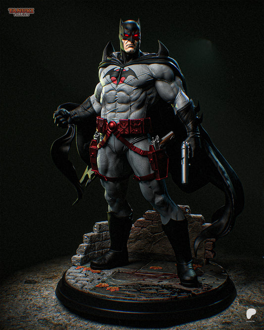 Front view of Thomas Wayne Batman figure standing on stone base, wearing grey suit with red bat symbol, red utility belt, holding pistols, and black cape draped behind.