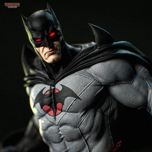 Close-up of Thomas Wayne Batman face with glowing red eyes, textured grey suit with bat emblem, detailed red belt and pouches.