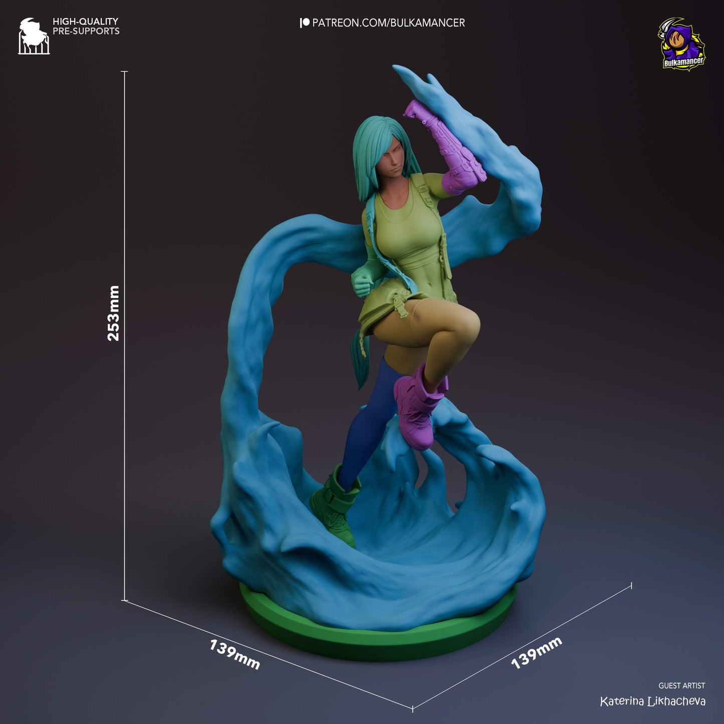 A size reference of the Tifa Lockhart figure, marked at 253mm height and 139mm base width, ideal for collectors.