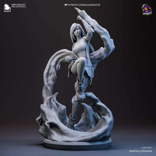 A monochrome view of Tifa Lockhart posed dynamically with flowing energy effects, ready for 3D printing or painting.