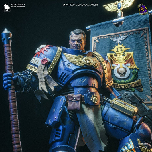 Front view of Tacitus the Indomitable holding a war hammer, standing before a banner depicting intricate emblems.