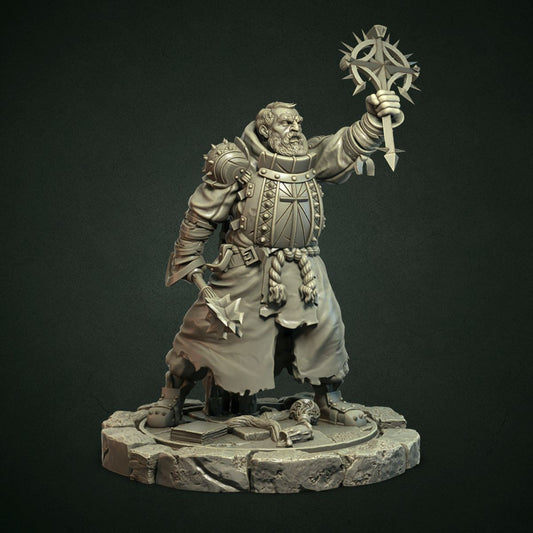 Front view of Tobias the Redeemer, a human cleric, wielding a spiked mace and glowing holy symbol, standing amidst relics on a stone platform, wearing intricate robes and armor.