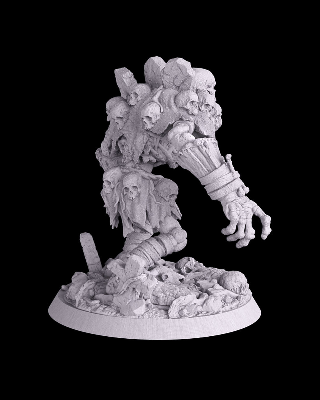 Side view of Tombstone Golem miniature showing layered skulls and gravestones embedded in its back and arm, standing atop a terrain base of bones and rubble.