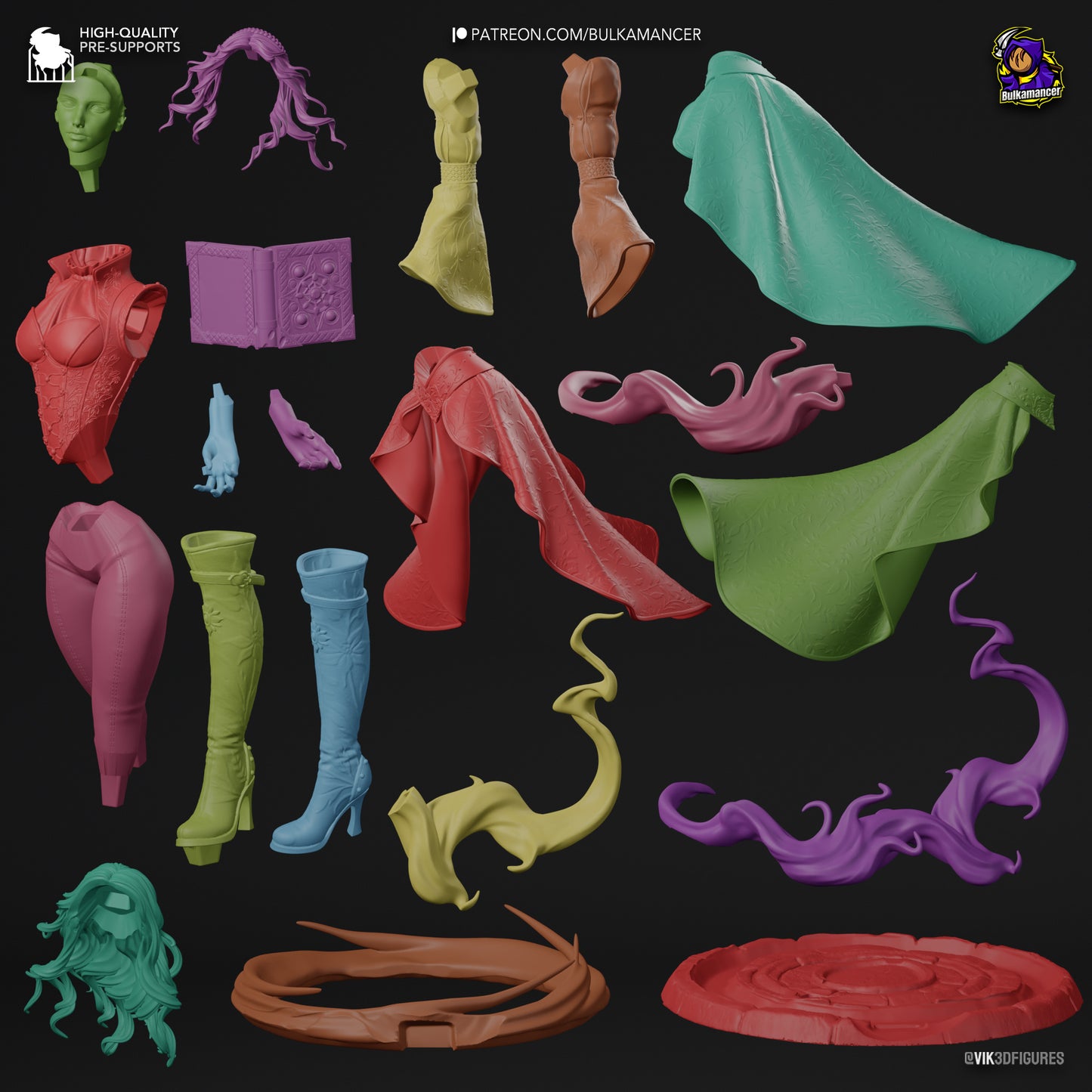 A breakdown of the unassembled model kit, displaying individual parts, including the detailed clothing, boots, spell effects, and book.