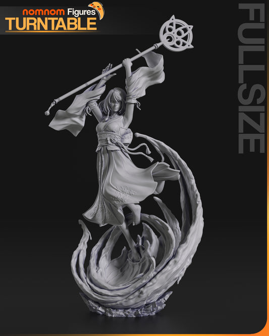 Front view of Yuna 1:10 scale figure raising her staff with dynamic pose and sculpted water effects around the base.