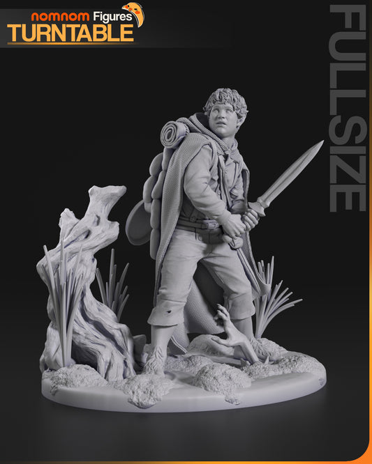 Samwise Gamgee full figure front view in defensive stance holding a sword, with backpack and Shire-inspired base details