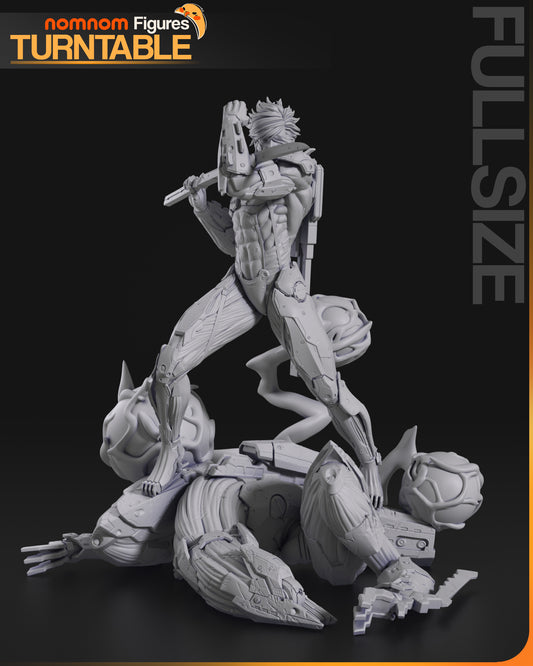 Full-size gray render of Raiden posed atop a defeated robotic enemy with both feet planted and sword raised, highlighting cybernetic armor and muscular physique.