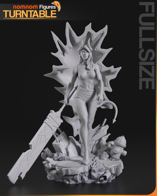 Malevola Dispatch demon woman figure front view, muscular horned female demon walking forward, tail curved, oversized weapon, ruined street base with debris, 1:10 scale character statue