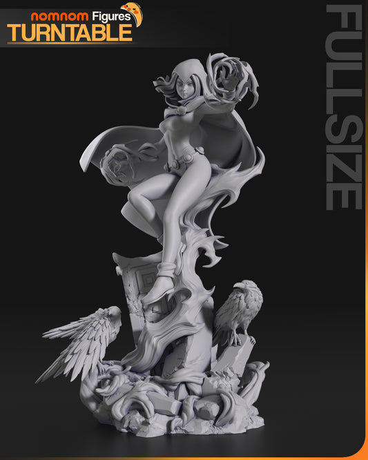 Raven from Teen Titans posed mid-air with dark energy swirling around her hands, perched atop ruins with two ravens.