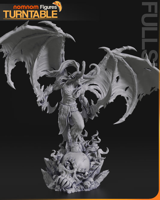 Front view of Illidan figure in gray render with arms raised, wings spread wide, standing atop a detailed skull base with swirling flames.