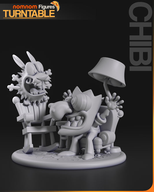 Chibi Courage the Cowardly Dog collectible figure front view featuring Courage reacting in panic, secondary character in rocking chair, living room props, expressive faces, and circular display base