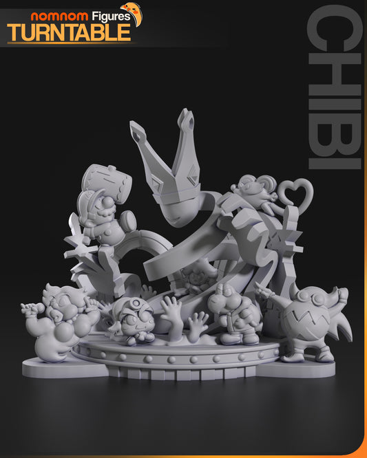 Chibi Paper Mario collectible figure front view showcasing all characters, crown monster centerpiece, dynamic swirl shape, and detailed platform base.