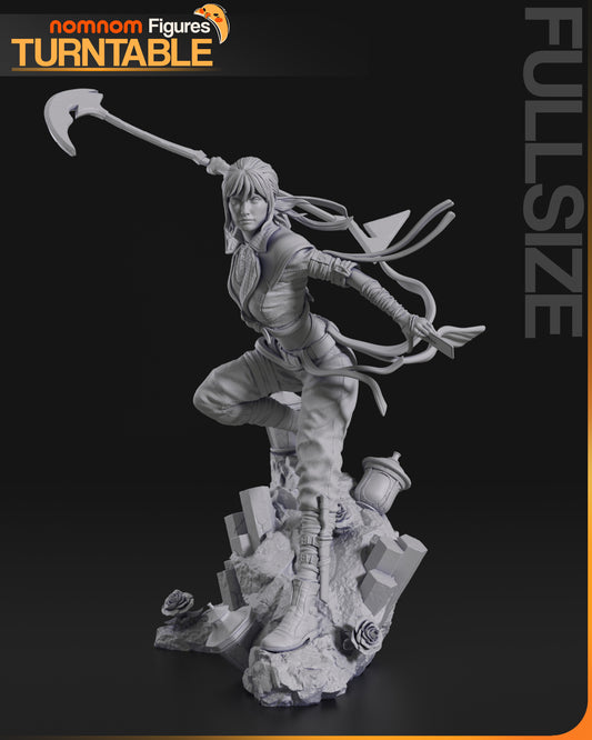 Front view of Sciel 1:10 scale figure showing poised action pose atop detailed rubble and lantern base.