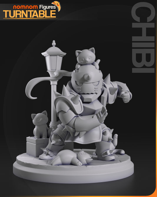 Front view of Chibi Alphonse Elric figure in a playful pose with cats on the base and a lamppost.