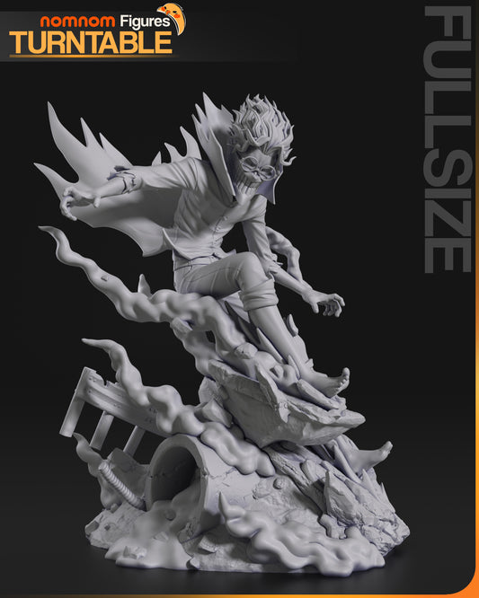 Full-size gray render of Turbo Okarun posed mid-air with bent knees over smoke and rubble, arm extended forward in motion, cape flowing behind.