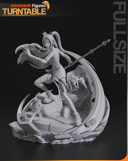 Full-size unpainted Mira 1:10 scale statue showing dynamic pose, flowing hair, and detailed base featuring a crawling demon.
