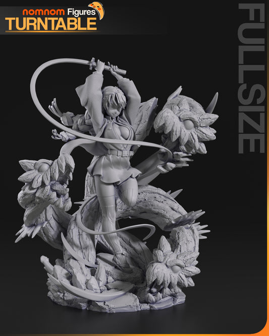 Mitsuri Kanroji Demon Slayer miniature leaping forward with sword raised overhead, surrounded by coiling wood dragon forms and swirling blade effects