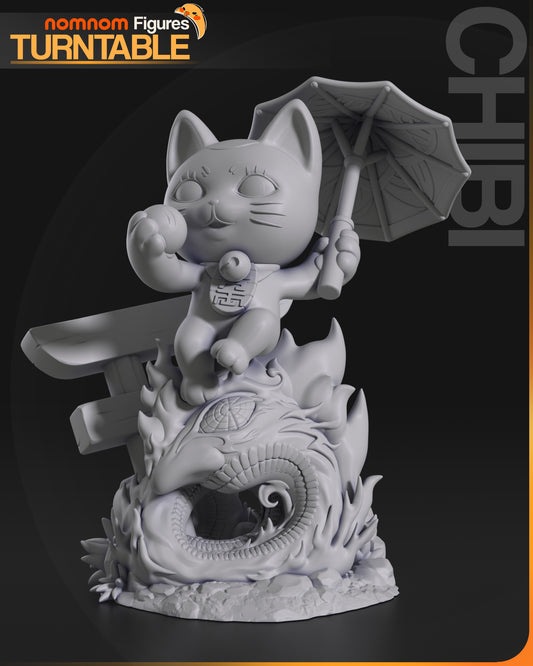 Front grayscale render of the Chibi Turbo Granny Cat figure, highlighting intricate sculpt details.