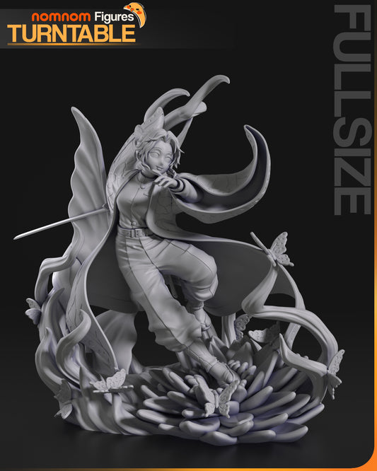 Front view of full Shinobu Kochou figure in mid-leap over a flower base with swirling energy projections and butterflies, poised with her sword extended, dynamic collectible pose.