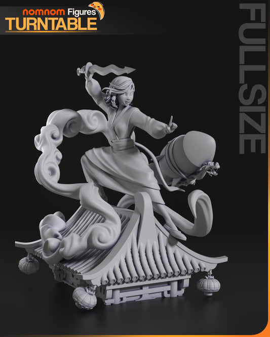 Complete figurine of the warrior standing atop a traditional roof with flowing clouds, ready for display or customization.