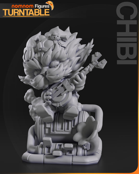 A full unpainted sculpt of Chibi Heimerdinger in a seated pose, with intricate hair details and a confident expression.