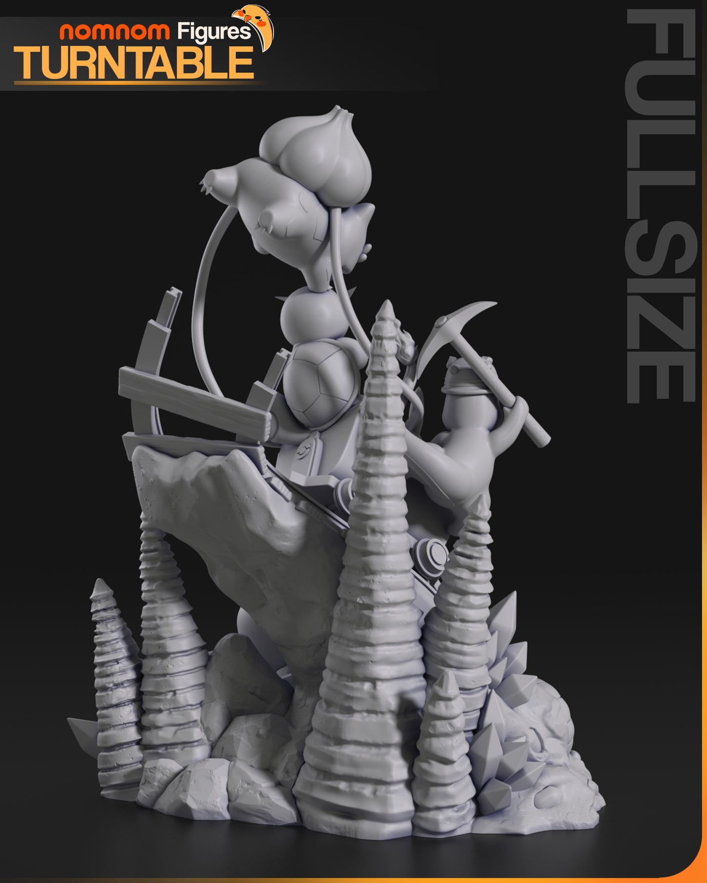 Pikachu minecart diorama grey render side view showing cave pillars, rail track, Bulbasaur vine, Squirtle, Charmander with pickaxe, and detailed rock base.