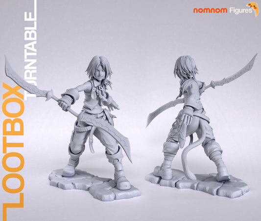 Back and front turntable view of Zidane figure showing dual sword stance and tail curve with rocky base