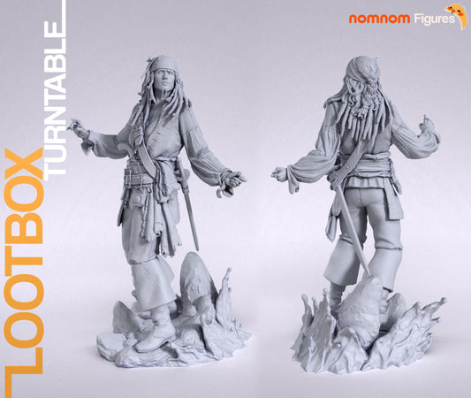 Jack Sparrow 1:10 scale collectible figure grey model front and rear views showing pirate stance, coat flow, sword at hip, and rocky shoreline base