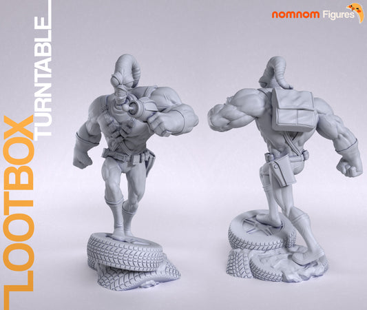 Two grey renders of Earthworm Jim figure from front and rear views, showing detailed backpack and gear.