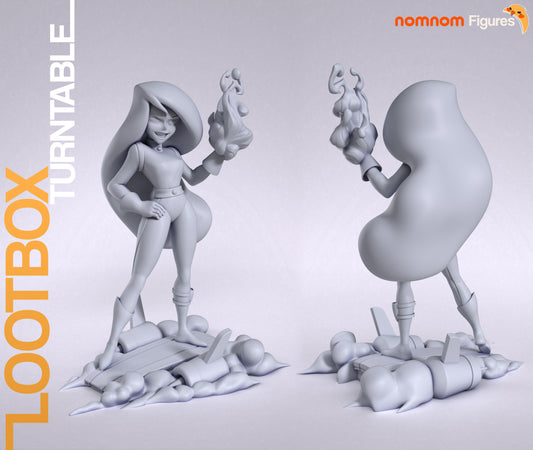 Front and back views of Shego collectible figure in grayscale, posed on a debris base with one hand raised holding flame energy, showcasing her full costume and dynamic hair.