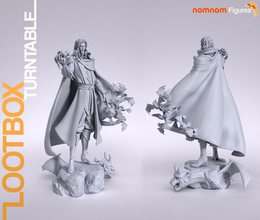 Dracula collectible figure rear view showing sculpted cape folds and dynamic bat effect, vampire lord gothic statue, detailed horror figure