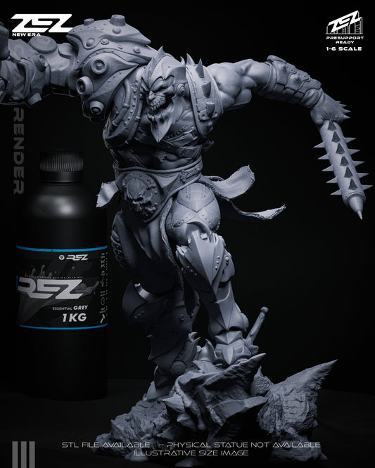 Trapjaw unpainted 1:6 scale figure front view, cyborg warrior anatomy, mechanical shoulder and arm, spiked weapon, armored legs, rocky base