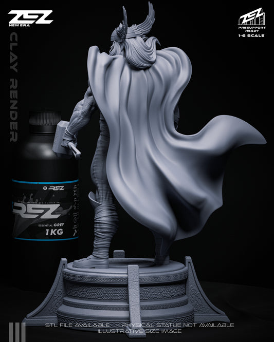Thor 1:6 scale clay render rear view — grayscale sculpt showing flowing cape, armor details, and textured base design from behind.