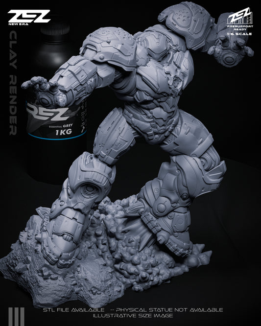 Hulkbuster 1:6 scale figure in clay render, showing the armored giant in a forward-charging stance with raised arms, standing on a rubble base.