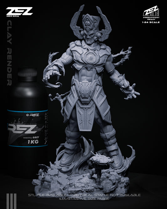 Galactus unpainted 1:24 scale collectible figure front view showing armor sculpt and Fantastic Four battle scale comparison