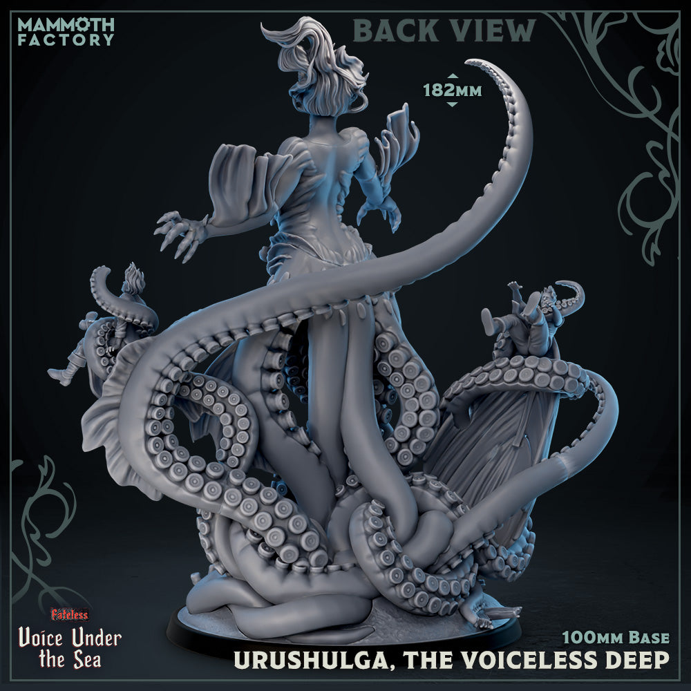 Rear view of Urushulga showing her muscular back, swirling tentacles extending outward, and her dress flowing over the large 100mm base covered in coral and debris.
