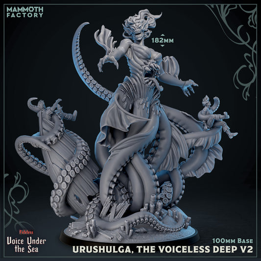 Alternate version of Urushulga showing a monstrous open-mouthed face, with dynamic tentacle movement and a raised arm in a summoning gesture, base cluttered with wreckage and barnacles.