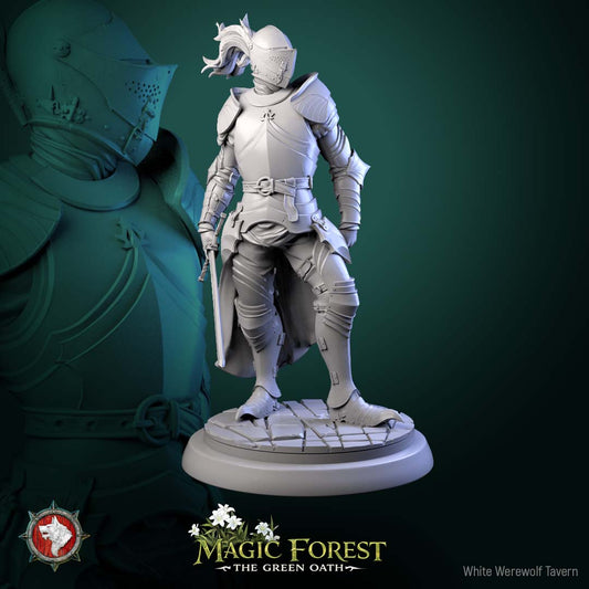 Human knight miniature wearing full helm and plate armor, sword drawn at side, defensive guard stance for Dungeons and Dragons Pathfinder tabletop RPG.