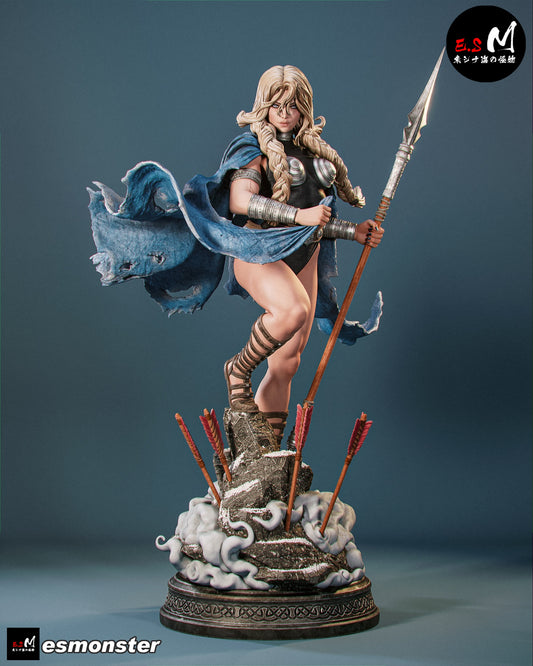 Female Norse Valkyrie with braided blonde hair, wearing runic bracers and armored top, holding a long spear with a flowing tattered cape, standing on a rocky cloud base pierced with arrows.