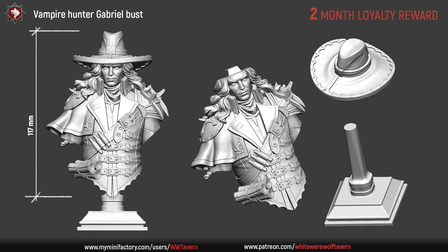 Vampire hunter Gabriel bust – close-up bust of human vampire hunter with detailed coat and hat, holding a sword handle, perfect for painting or display.