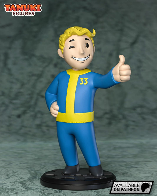 Vault Boy figurine front view with Vault 33 suit and thumbs-up pose on circular base