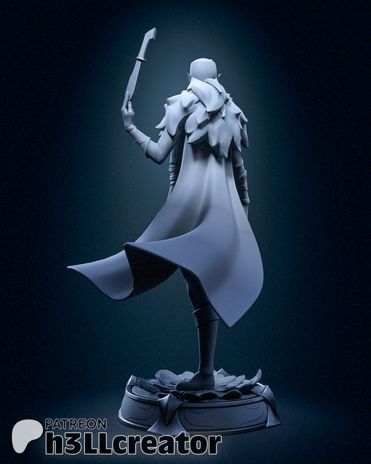 Vax’ildan Vox Machina figure rear view showing layered cloak, belt details, and combat stance
