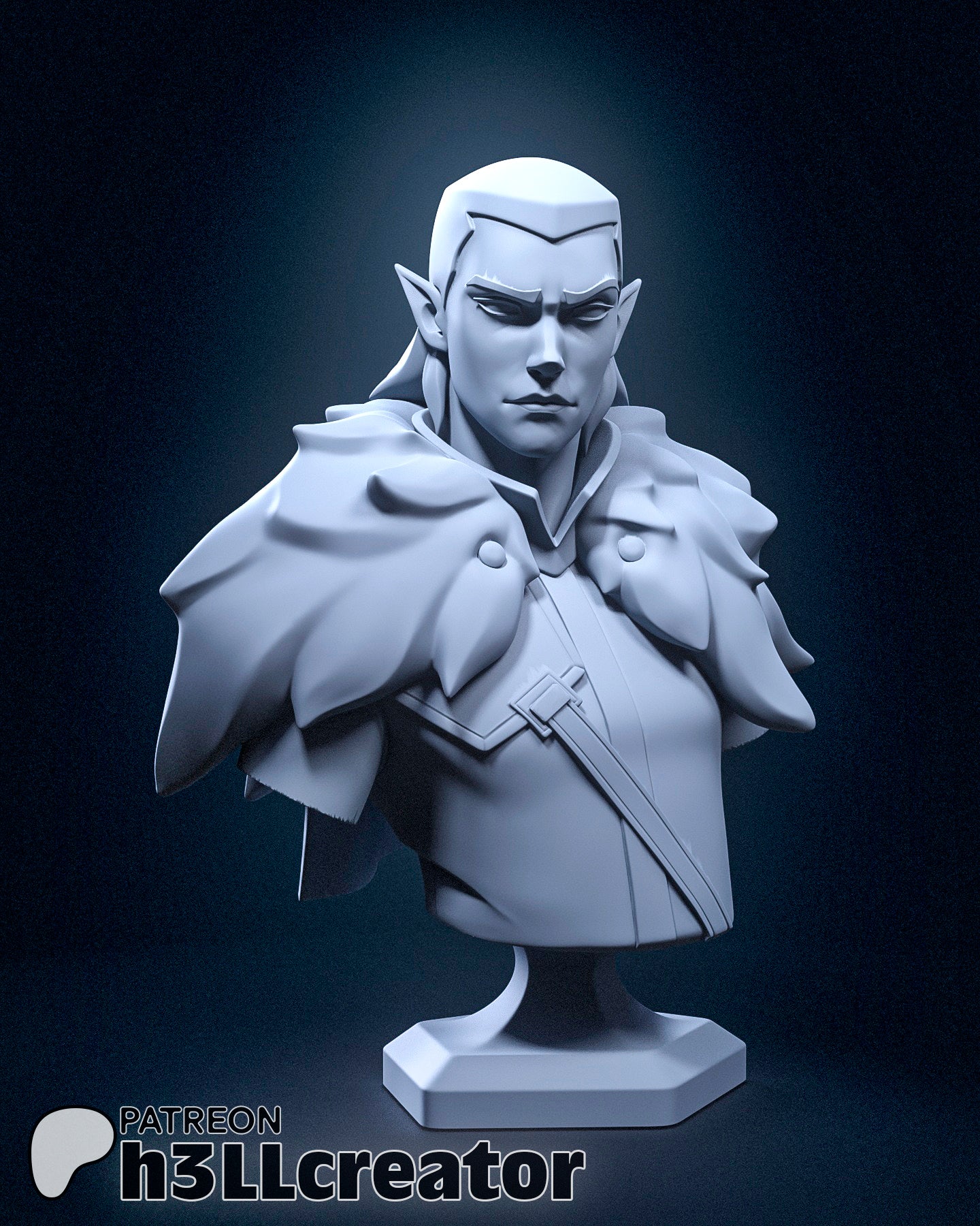 Vax’ildan Vox Machina bust sculpt showing stern expression, elven features, and shoulder mantle