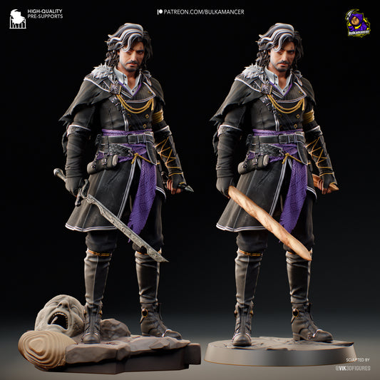 Dual view of Verso model variants—one holding a sword, the other wielding a baguette—both posed on scenic bases with sculpted stone face detail.