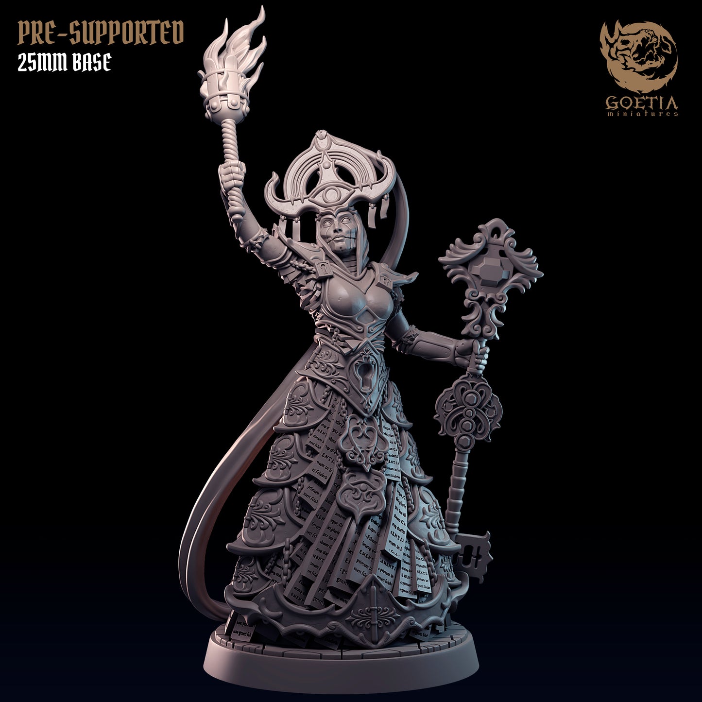 Knowledge Bearer Vessel of Truth human cleric miniature wearing layered scripture robes and ceremonial armor, holding a torch aloft and a reliquary staff, religious spellcasting stance, Dungeons and Dragons fantasy tabletop miniature
